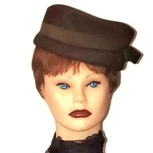 Vicki Womens Vintage Wool Hat Brown With Ribbon, Bow & Rhinestone Trim